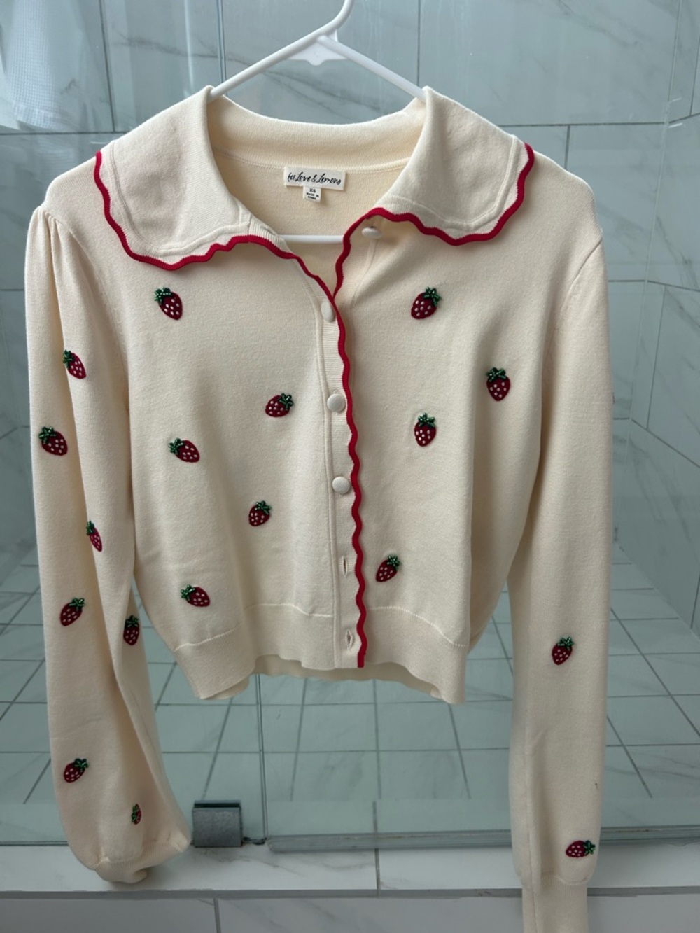 For Love & Lemons Cream Cardigan with Strawberry Embroidery and Red Trim